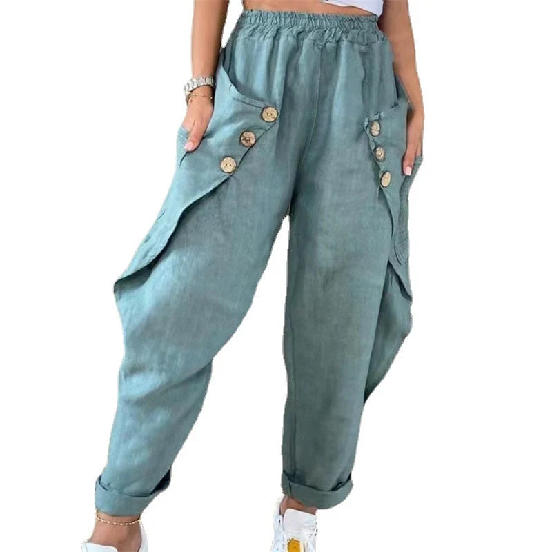 Damen Legere Leinenhose mit Knopfdetails und großen Taschen Nord Taschen