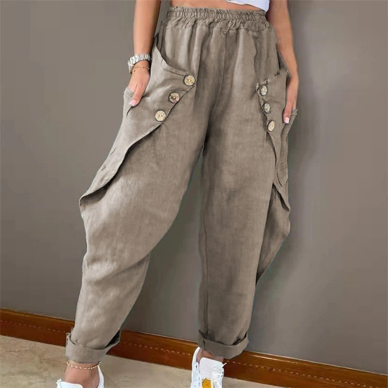 Damen Legere Leinenhose mit Knopfdetails und großen Taschen Nord Taschen