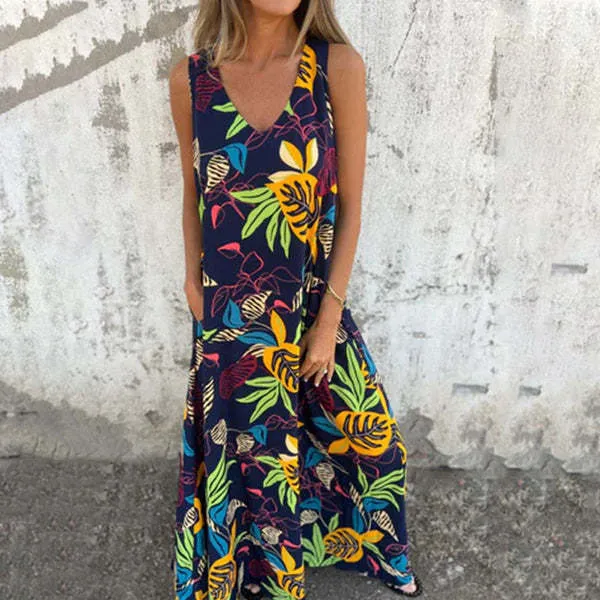Damen luftiges Maxikleid mit floralem Muster und praktischen Taschen