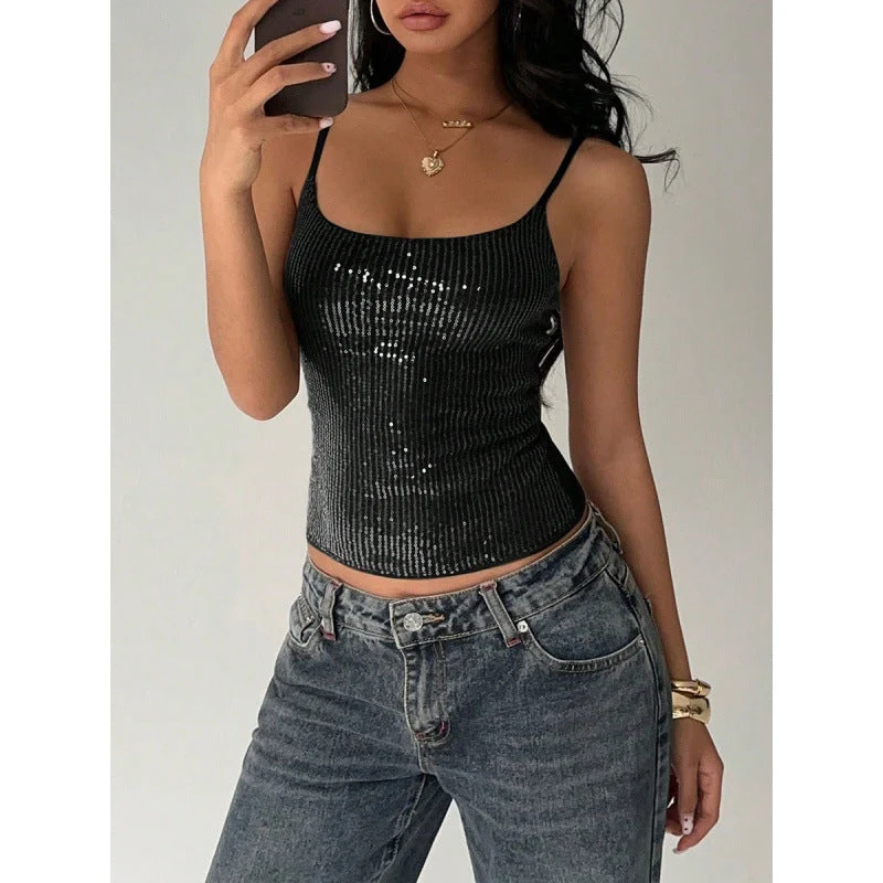Damen Elegantes Spaghetti-Träger-Top mit Pailletten und figurbetontem Schnitt
