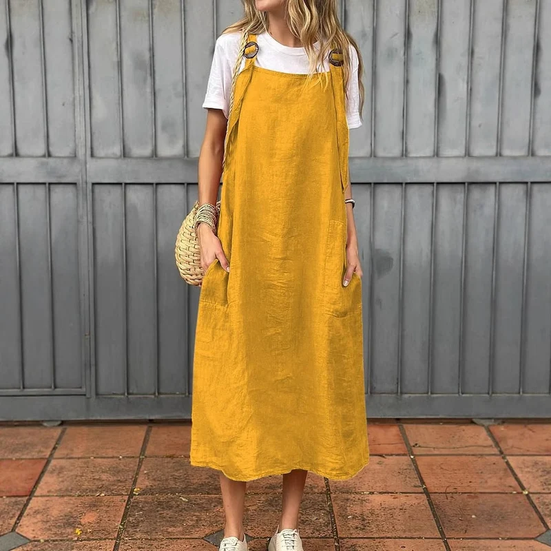 Damen lässiges Leinenkleid mit praktischen Taschen und verstellbaren Trägern