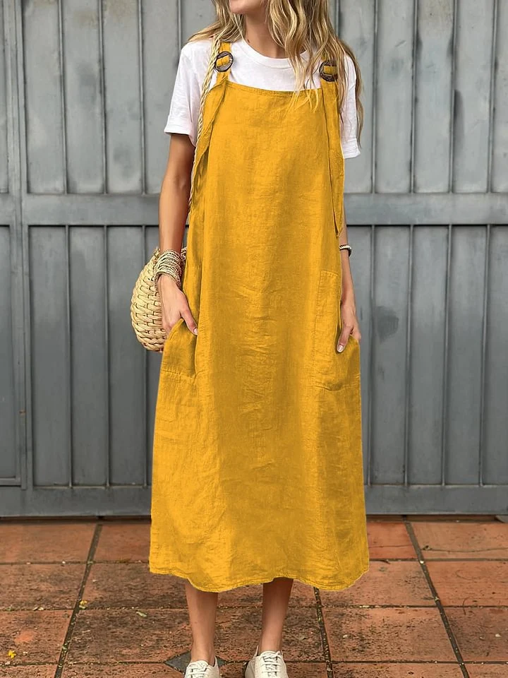 Damen lässiges Leinenkleid mit praktischen Taschen und verstellbaren Trägern