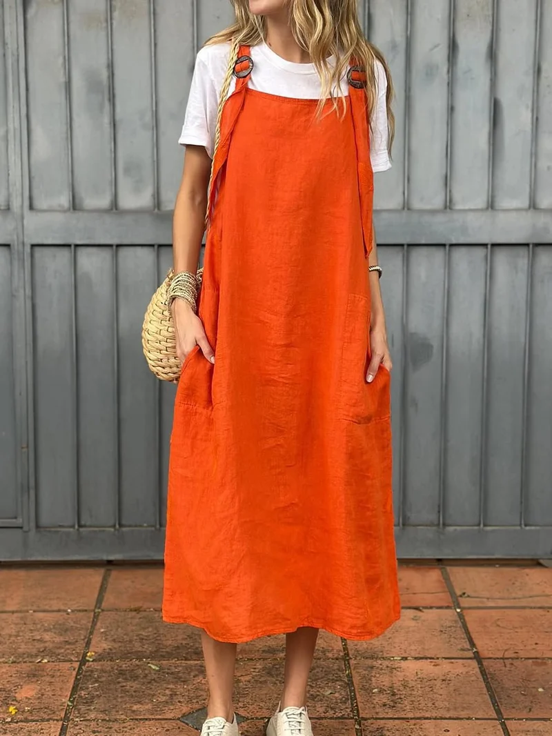 Damen lässiges Leinenkleid mit praktischen Taschen und verstellbaren Trägern