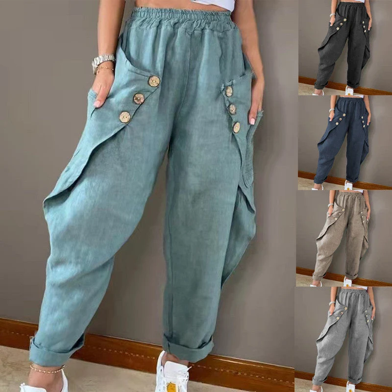 Damen lässige Sommerhose mit Knopfdetails und praktischen Seitentaschen