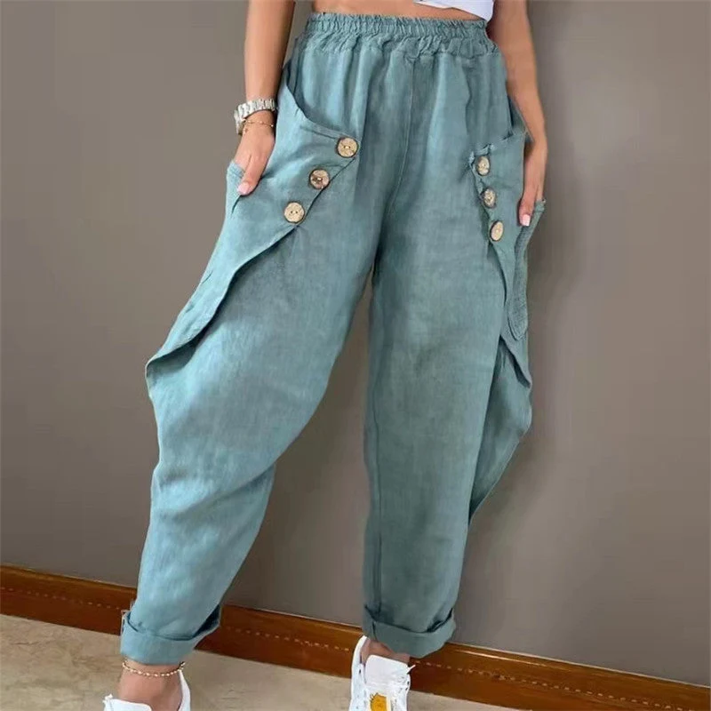 Damen lässige Sommerhose mit Knopfdetails und praktischen Seitentaschen