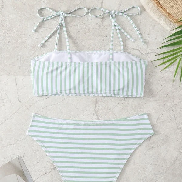 Damen Hochgeschnittener Bikini mit modischen Streifen und verstellbaren Trägern