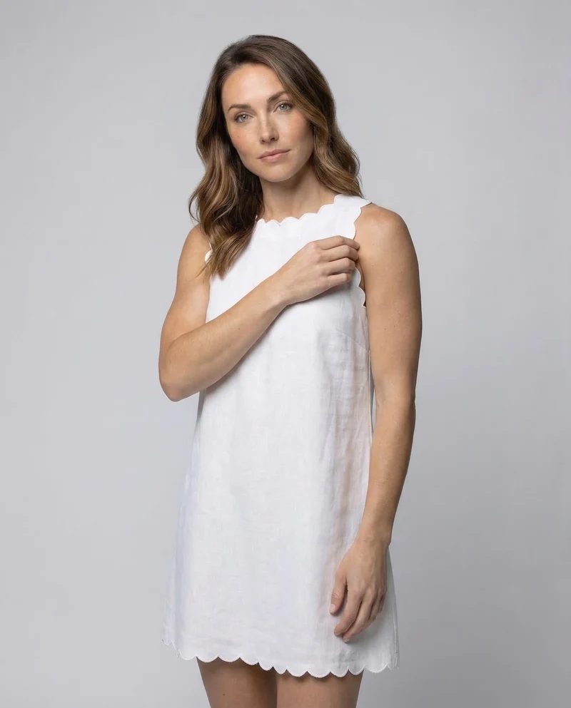 Damen Leinen-Minikleid Gewellte Saumkante