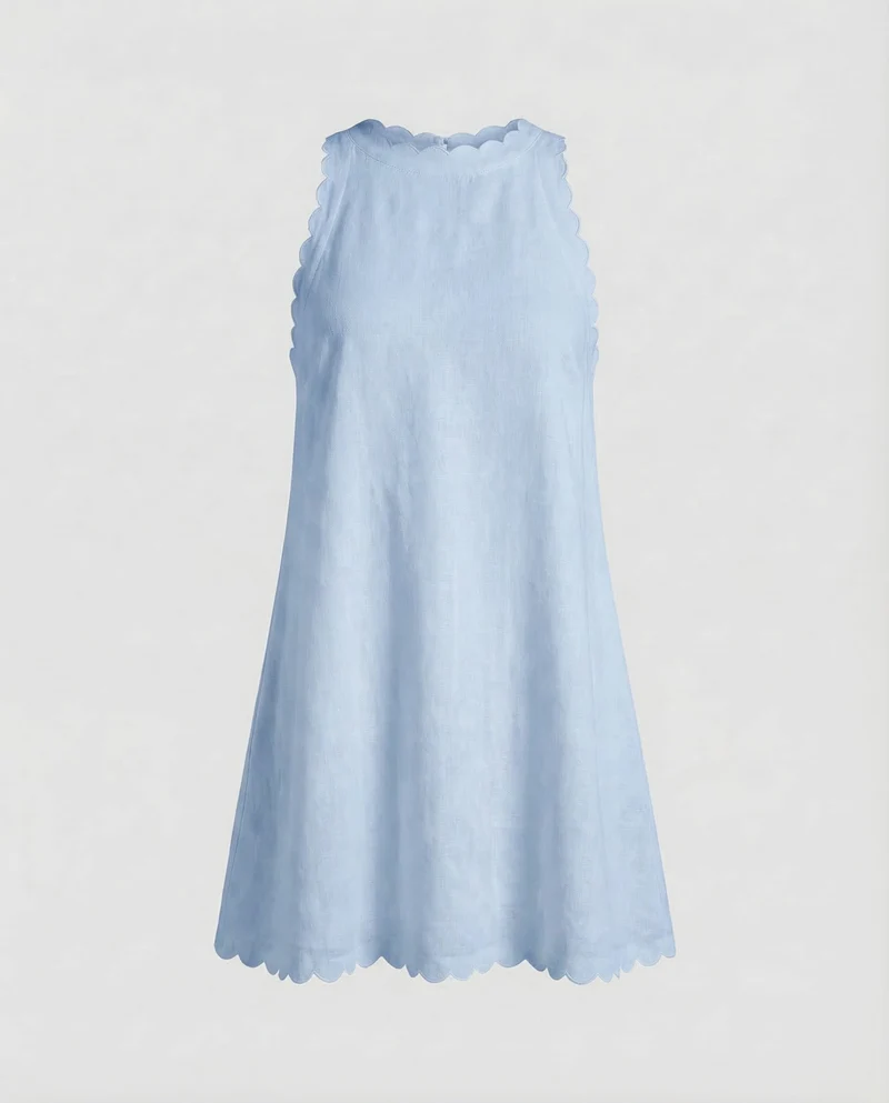 Damen Leinen-Minikleid Gewellte Saumkante