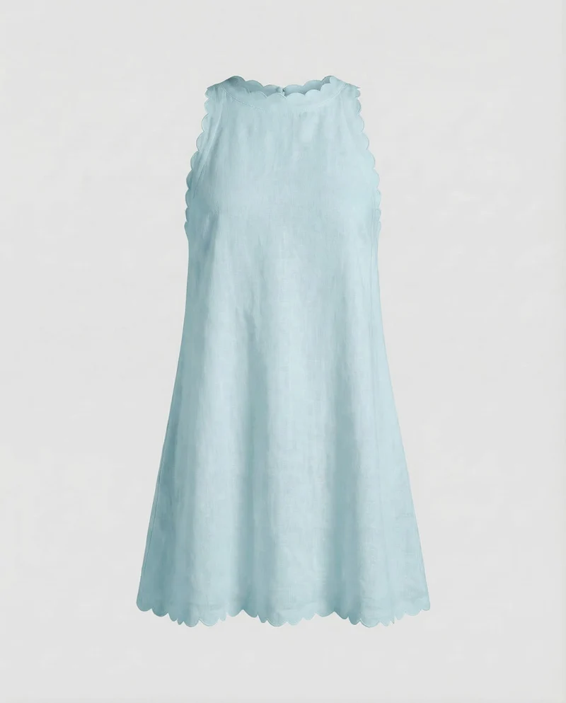 Damen Leinen-Minikleid Gewellte Saumkante