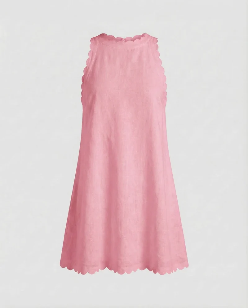 Damen Leinen-Minikleid Gewellte Saumkante