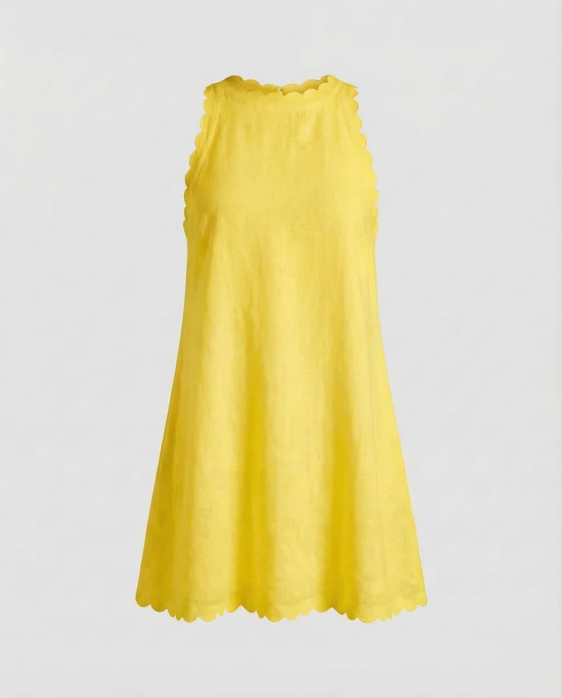 Damen Leinen-Minikleid Gewellte Saumkante