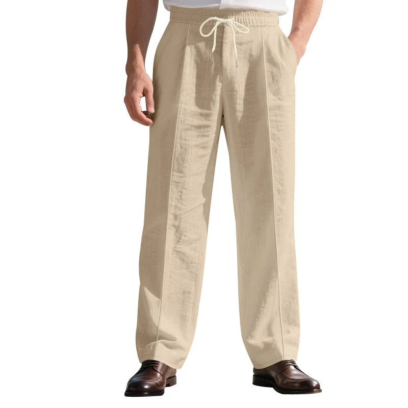 Herren nan legere Leinen-Bundfaltenhose mit elastischem Bund und Kordelzug