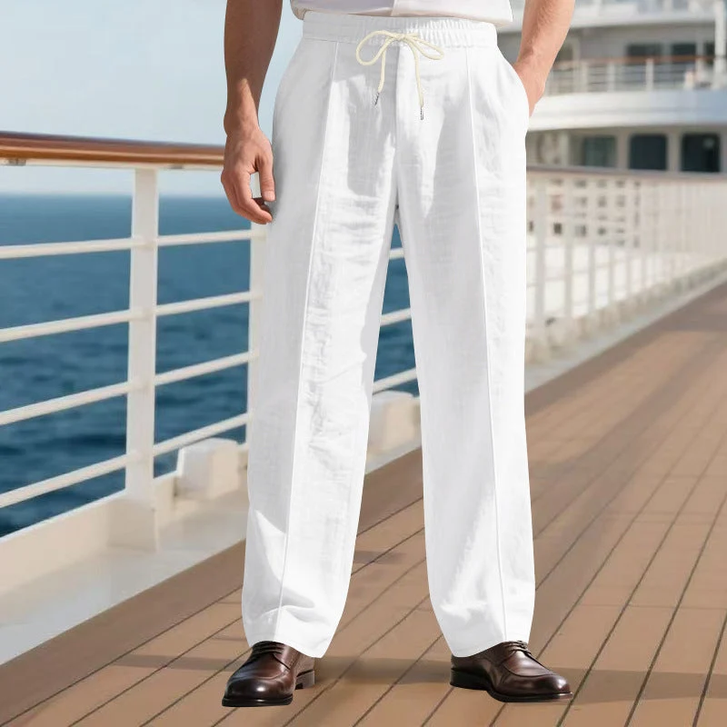 Herren nan legere Leinen-Bundfaltenhose mit elastischem Bund und Kordelzug