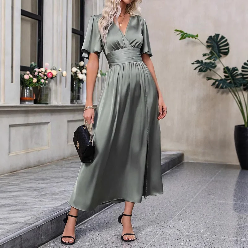 Damen Maxikleid mit elegantem V-Ausschnitt und fließenden Ärmeln Nord Taschen