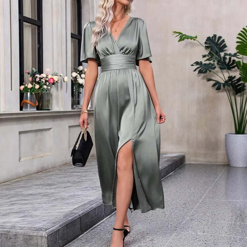 Damen Maxikleid mit elegantem V-Ausschnitt und fließenden Ärmeln Nord Taschen