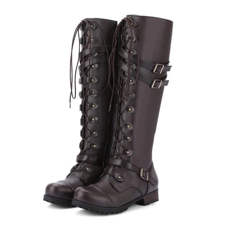 Flache Retro-Stiefel mit Schnalle und Schnürsenkeln
