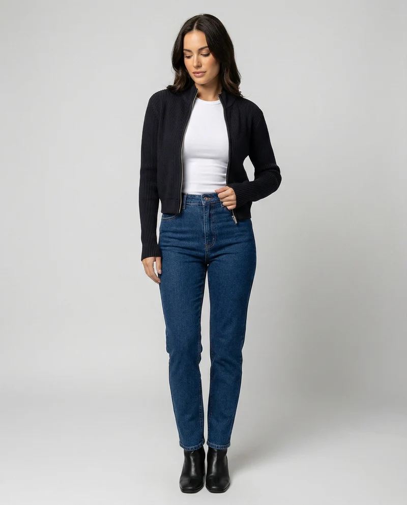 Taillierte Damen Strickjacke mit Reißverschluss und Stehkragen in MarinNord Taschenlau