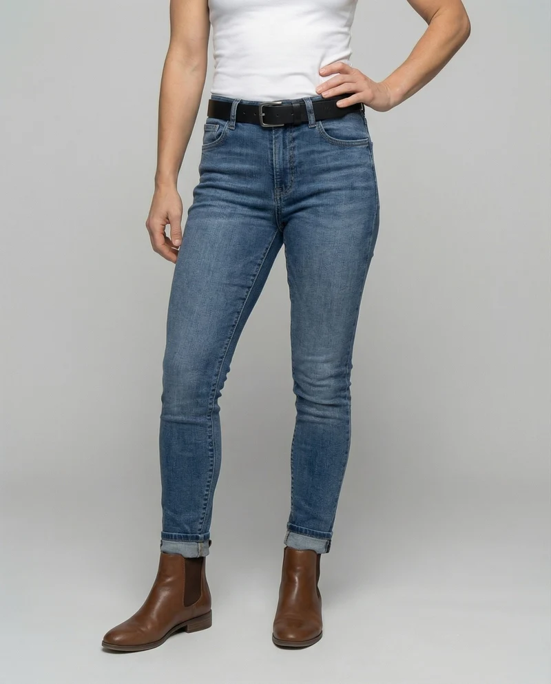 Damen nan schmal geschnittene Jeans mit umgeschlagenem Saum, elastischem Komfortbund und dezenter Used-Optik