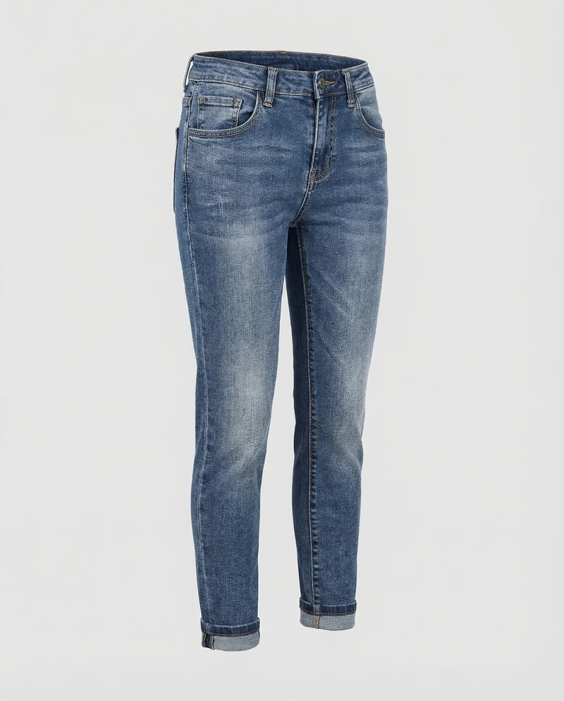 Damen nan schmal geschnittene Jeans mit umgeschlagenem Saum, elastischem Komfortbund und dezenter Used-Optik