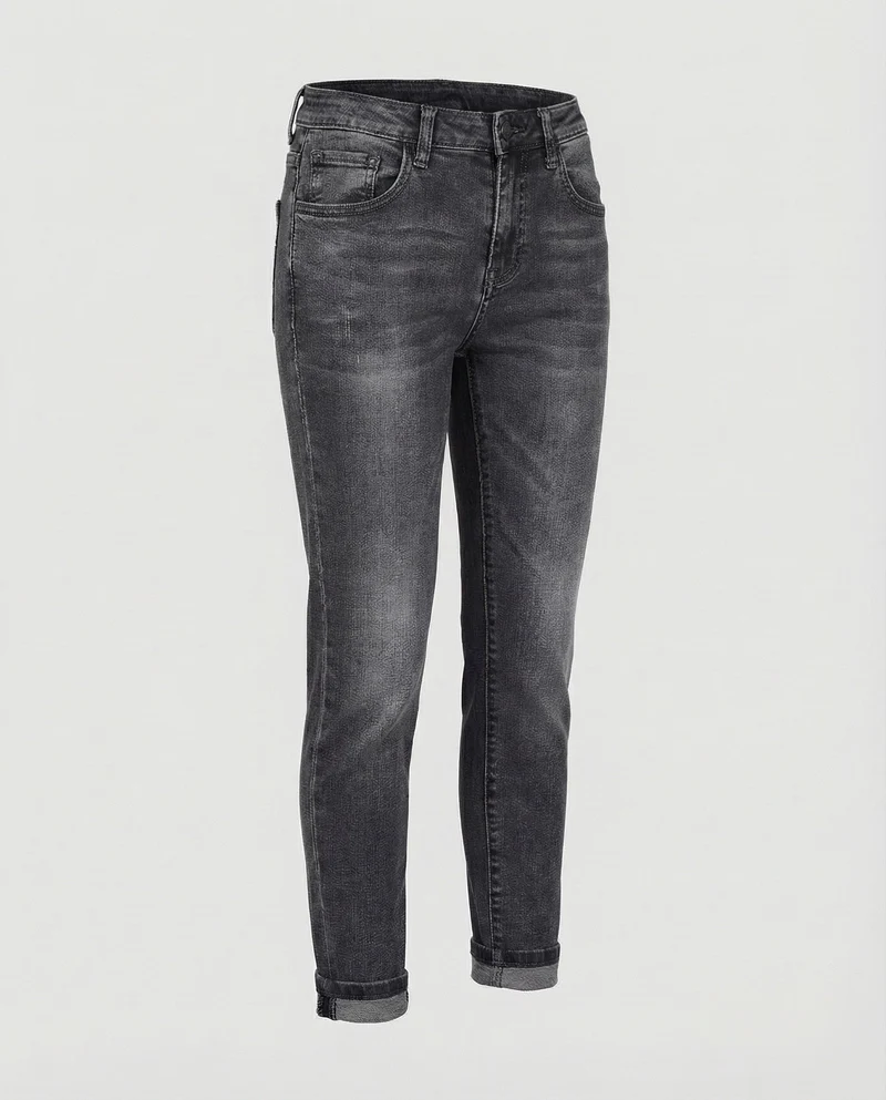 Damen nan schmal geschnittene Jeans mit umgeschlagenem Saum, elastischem Komfortbund und dezenter Used-Optik