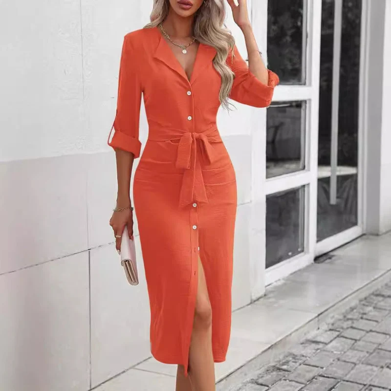 Damen Knielanges Hemdblusenkleid mit Taillengürtel