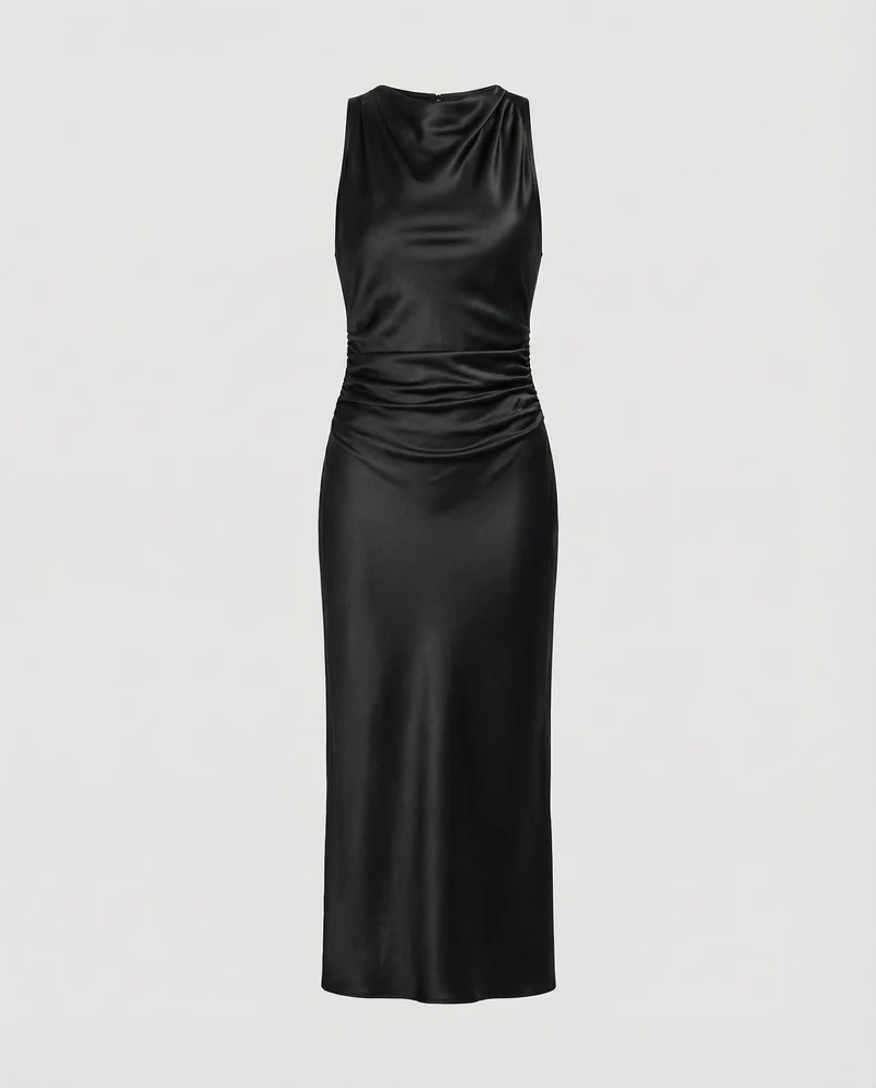 Damen nan Maxikleid in Satinoptik mit Wasserfallkragen, schmaler A-Linie und dezenter Taillendrapierung - Arvani