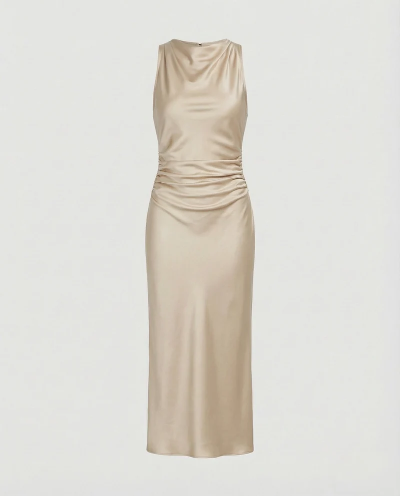 Damen nan Maxikleid in Satinoptik mit Wasserfallkragen, schmaler A-Linie und dezenter Taillendrapierung - Arvani