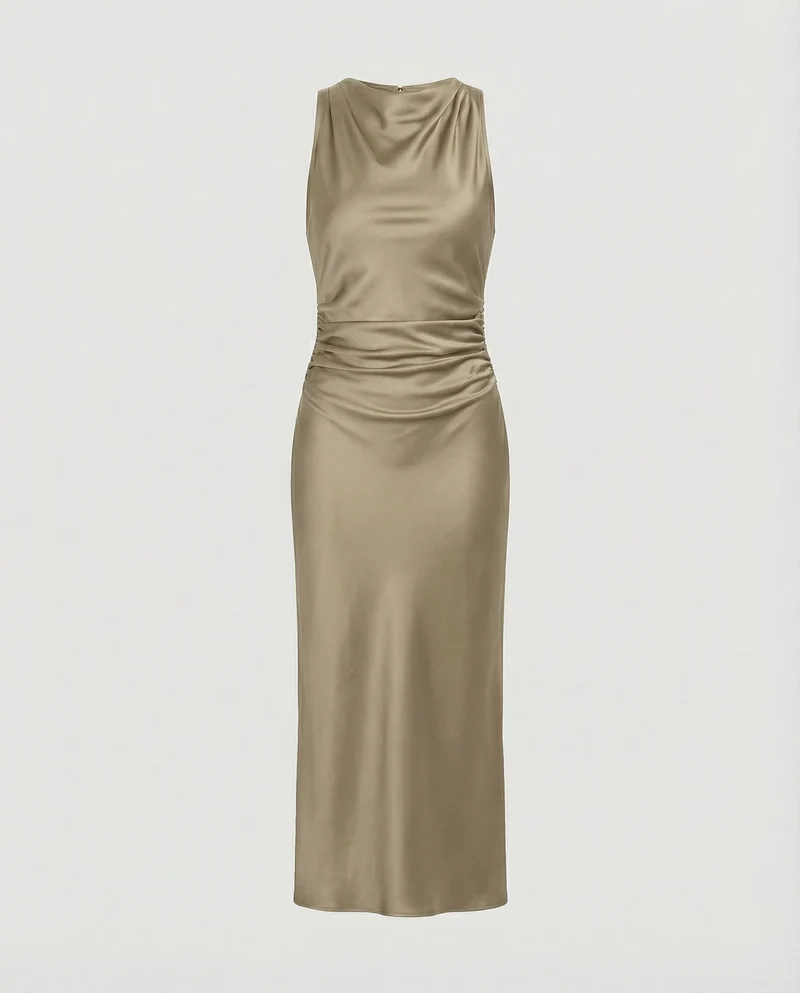 Damen nan Maxikleid in Satinoptik mit Wasserfallkragen, schmaler A-Linie und dezenter Taillendrapierung - Arvani
