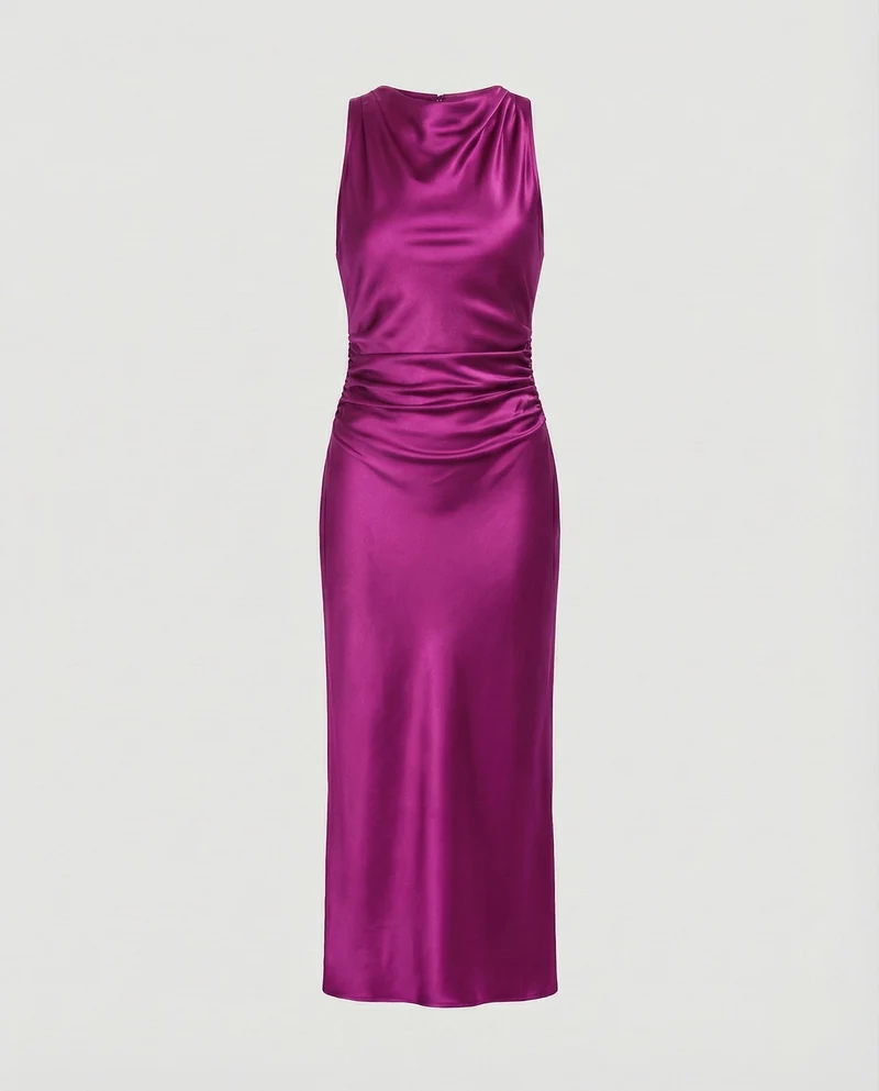 Damen nan Maxikleid in Satinoptik mit Wasserfallkragen, schmaler A-Linie und dezenter Taillendrapierung - Arvani