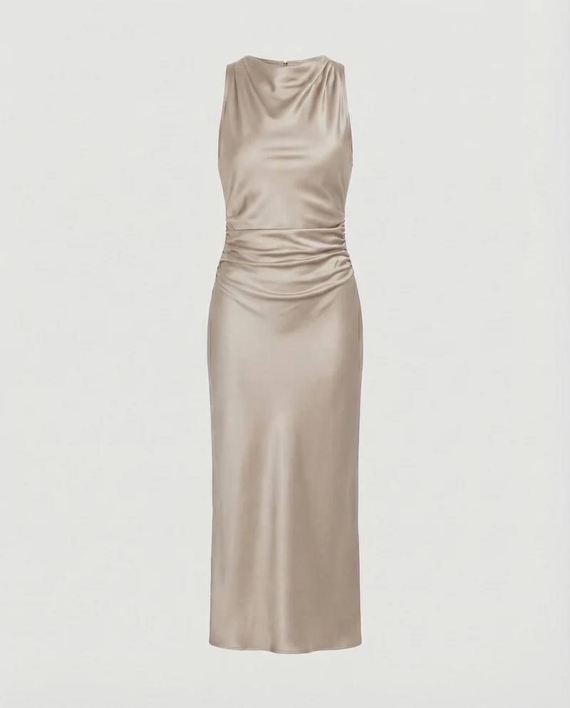 Damen nan Maxikleid in Satinoptik mit Wasserfallkragen, schmaler A-Linie und dezenter Taillendrapierung - Arvani