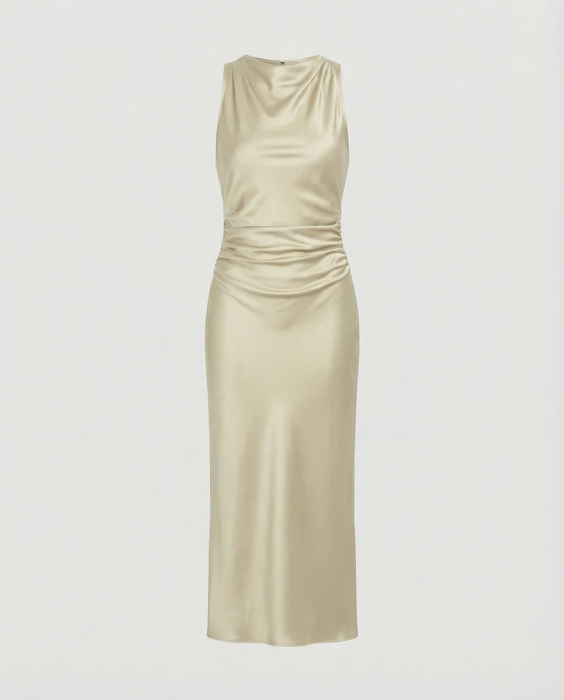Damen nan Maxikleid in Satinoptik mit Wasserfallkragen, schmaler A-Linie und dezenter Taillendrapierung - Arvani