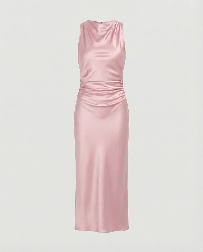 Damen nan Maxikleid in Satinoptik mit Wasserfallkragen, schmaler A-Linie und dezenter Taillendrapierung - Arvani