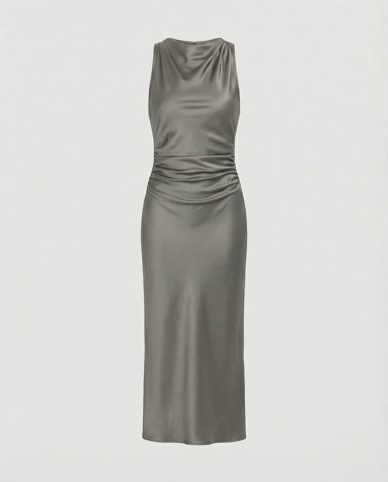 Damen nan Maxikleid in Satinoptik mit Wasserfallkragen, schmaler A-Linie und dezenter Taillendrapierung - Arvani