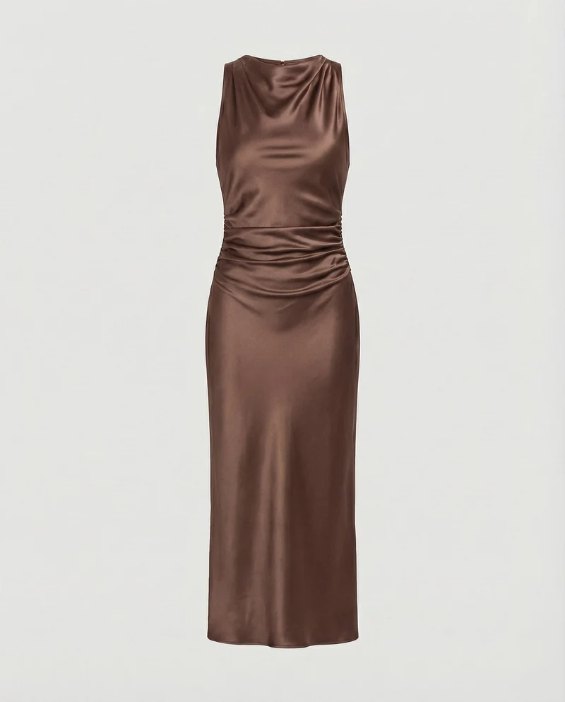 Damen nan Maxikleid in Satinoptik mit Wasserfallkragen, schmaler A-Linie und dezenter Taillendrapierung - Arvani