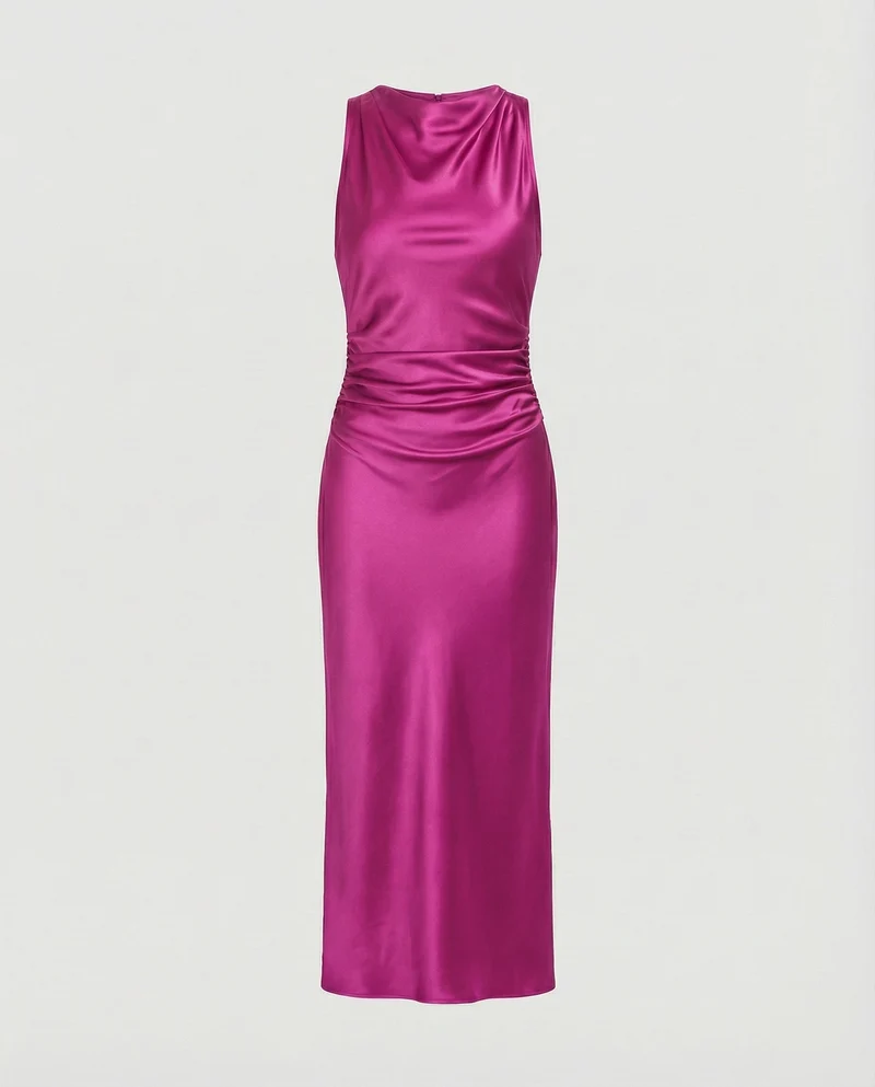 Damen nan Maxikleid in Satinoptik mit Wasserfallkragen, schmaler A-Linie und dezenter Taillendrapierung - Arvani