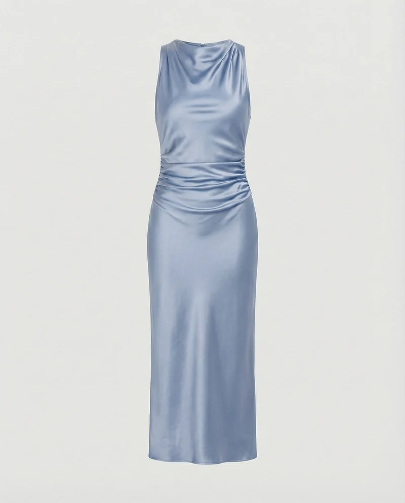Damen nan Maxikleid in Satinoptik mit Wasserfallkragen, schmaler A-Linie und dezenter Taillendrapierung - Arvani