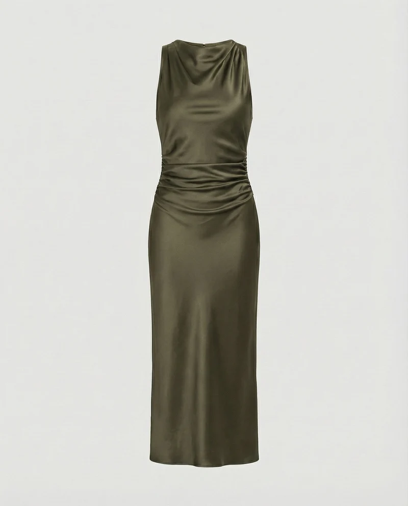 Damen nan Maxikleid in Satinoptik mit Wasserfallkragen, schmaler A-Linie und dezenter Taillendrapierung - Arvani