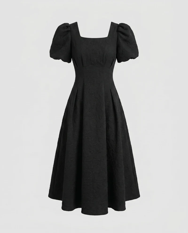 Damen Midikleid mit schickem Quadrat-Ausschnitt und voluminösen Puffärmeln