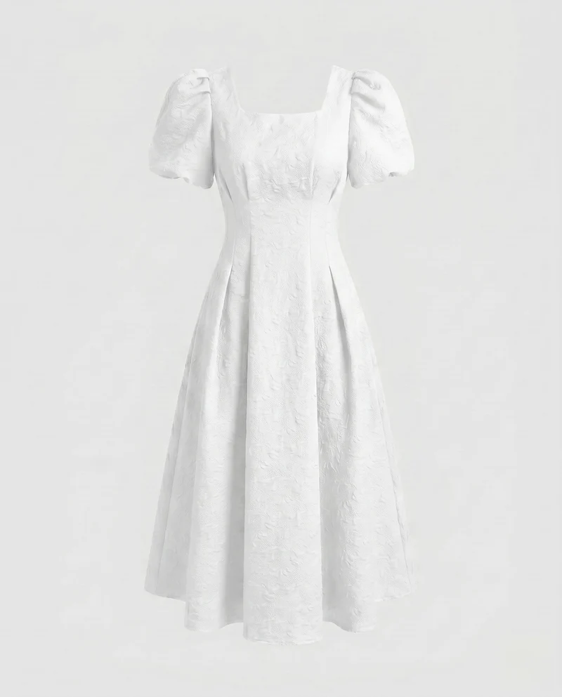 Damen Midikleid mit schickem Quadrat-Ausschnitt und voluminösen Puffärmeln