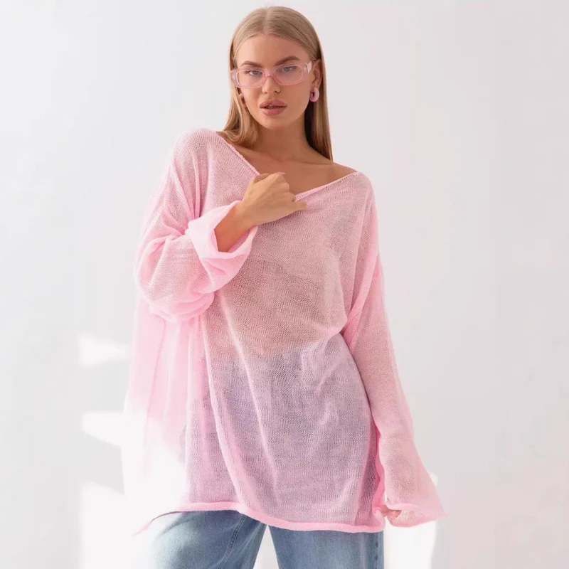 Damen luftige Strickbluse mit offenen Schultern und weiten Ärmeln