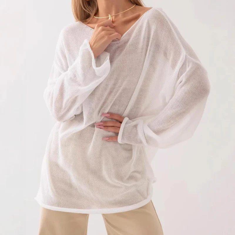 Damen luftige Strickbluse mit offenen Schultern und weiten Ärmeln