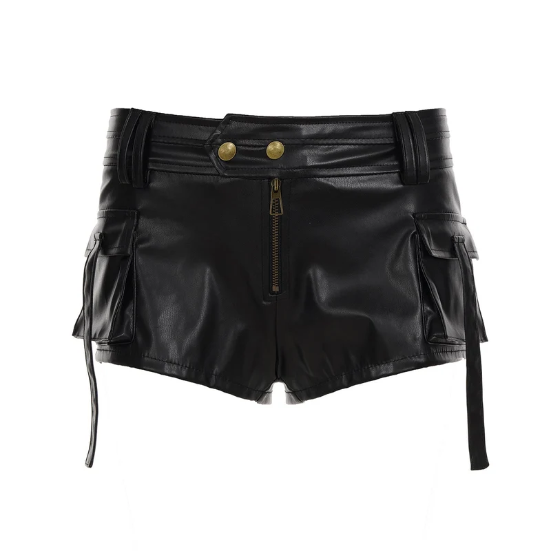 Damen Kunstleder-Shorts mit dekorativen Knopfdetails