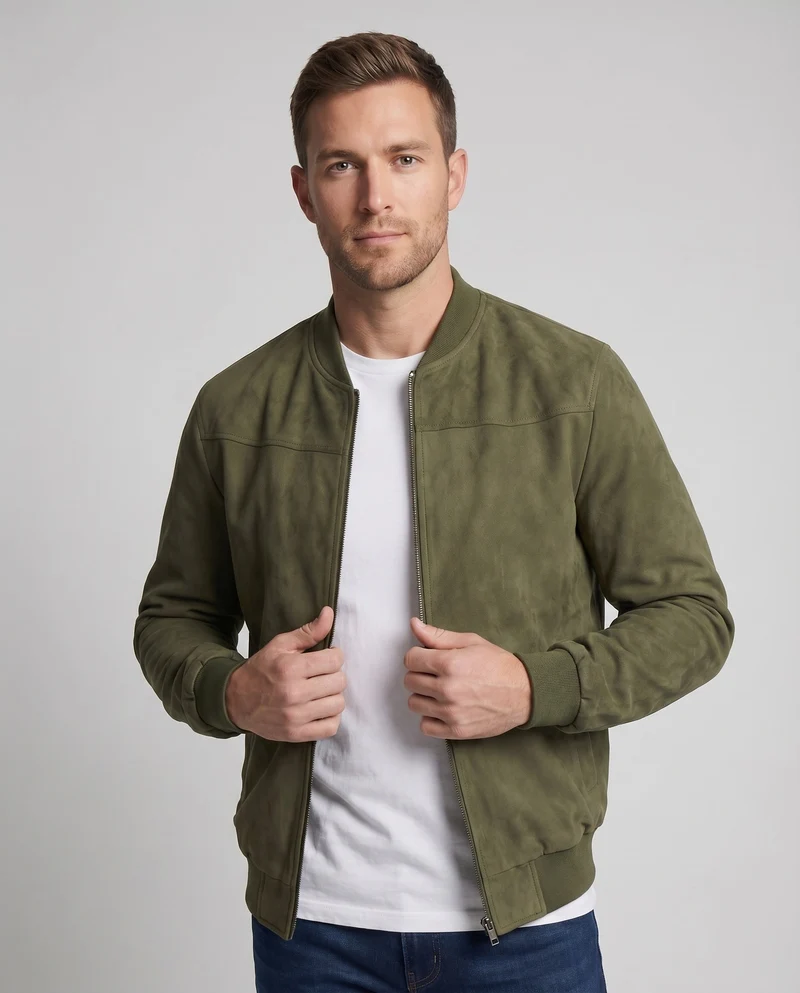 Herren Velours-Suede-Blouson Stehkragen Verdeckter Zipp