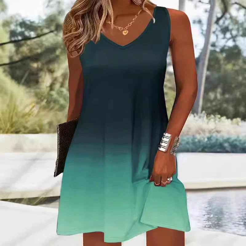 Damen V-Ausschnitt Sommerkleid mit lNord Taschenhaftem Farbverlauf und leichtem, atmungsaktivem Stoff Nord Taschen