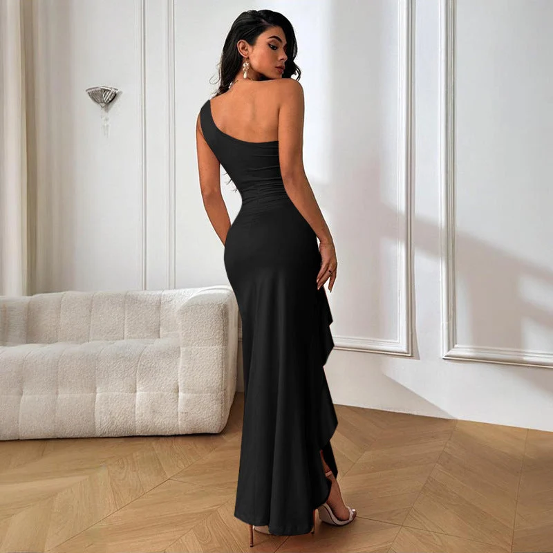 Damen elegantes Langarm-Maxi-Kleid mit asymmetrischem Saum Nord Taschen