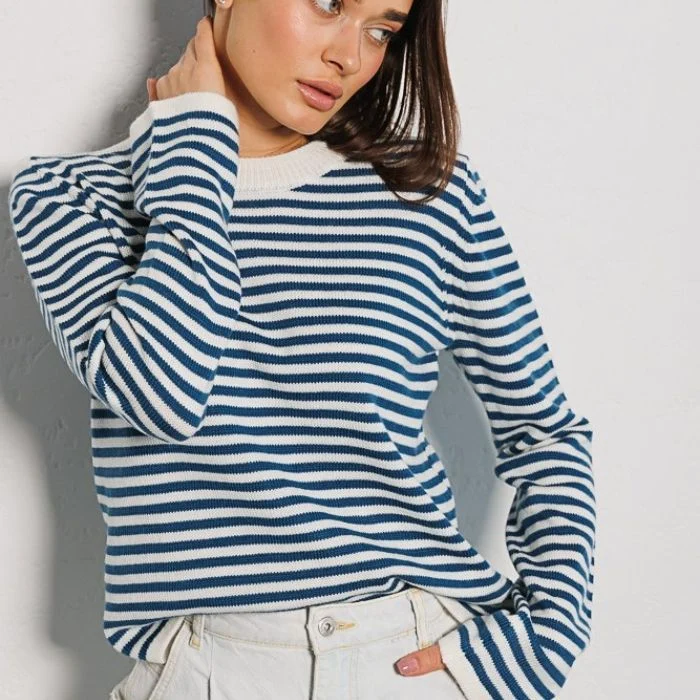 Damen gestreifter, lässiger Pullover aus hochwertigem Baumwollmix Nord Taschen