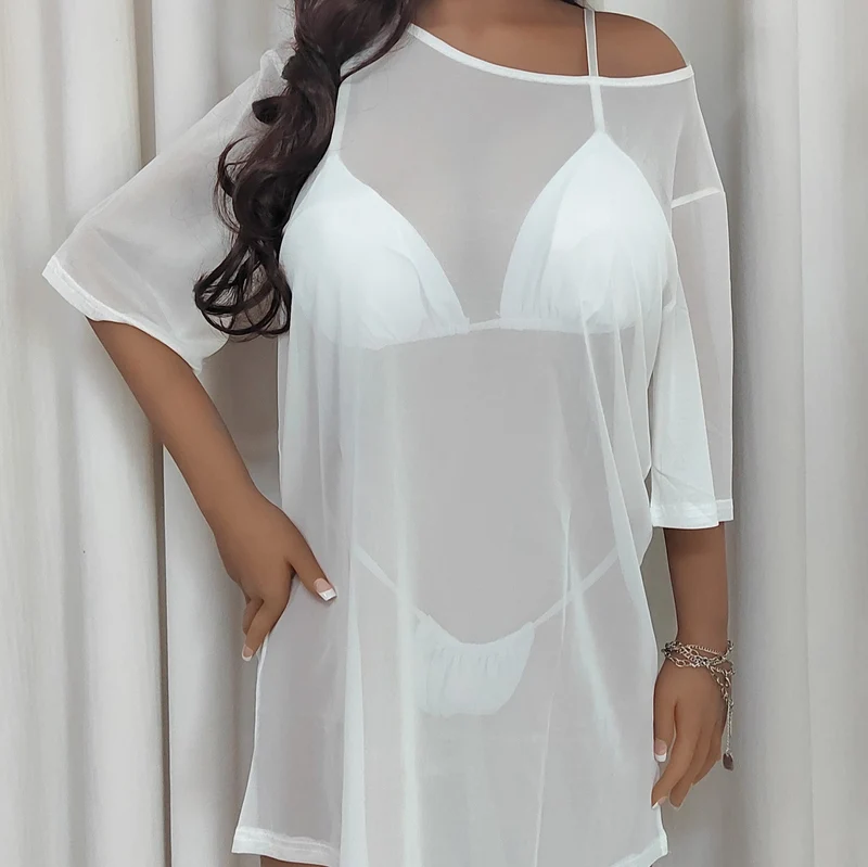 Damen luftige Strandbluse mit transparenten Ärmeln
