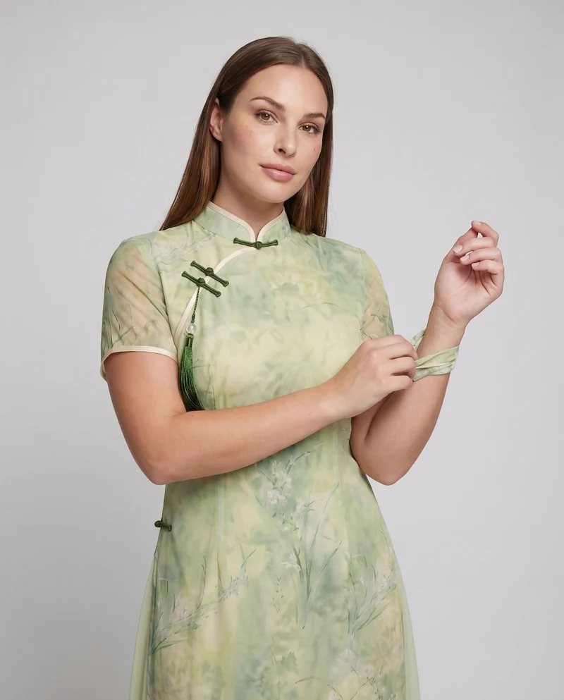 Damen Chiffon-Cheongsam Stehkragen Stickerei Elegant