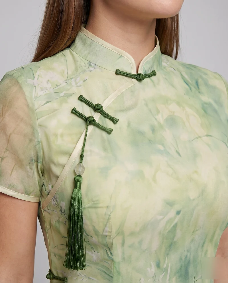 Damen Chiffon-Cheongsam Stehkragen Stickerei Elegant