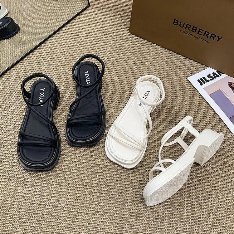 Damen modische Flachsandalen mit elastischen Riemen und rutschfester Sohle